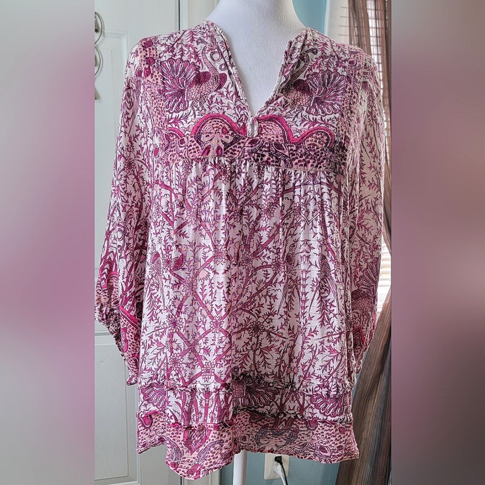 Candela NYC Boho Cotton Blouse Women's S White Gold & Pinks Paisley 3/4 Puff Sle